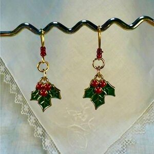 Handcrafted Women Earrings Pierced Holiday Gift Holly w/ Red Berries Red Accents